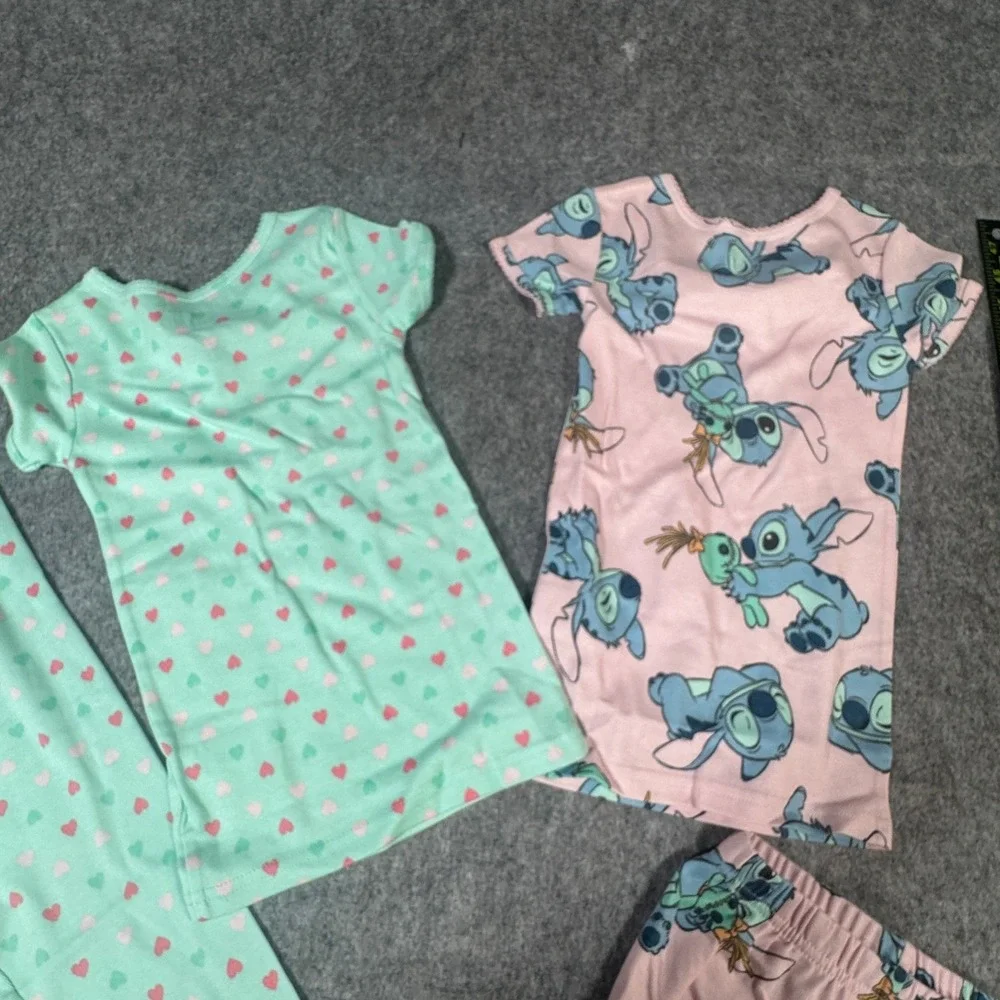 Disney Lilo & Stitch Girls 4 Piece Pajama Set Size 5 Mint Pink Cotton Snug Fit